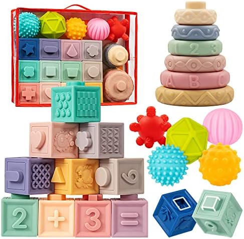 Jyusmile Baby Toys 6-12 Months, Montessori Toys for Babies 6-12 Months, Incl Stacking Building Blocks & Soft Infant Teething Toys & Sensory Balls for Toddlers 0-3-6-9-12 Months  Toys & Games